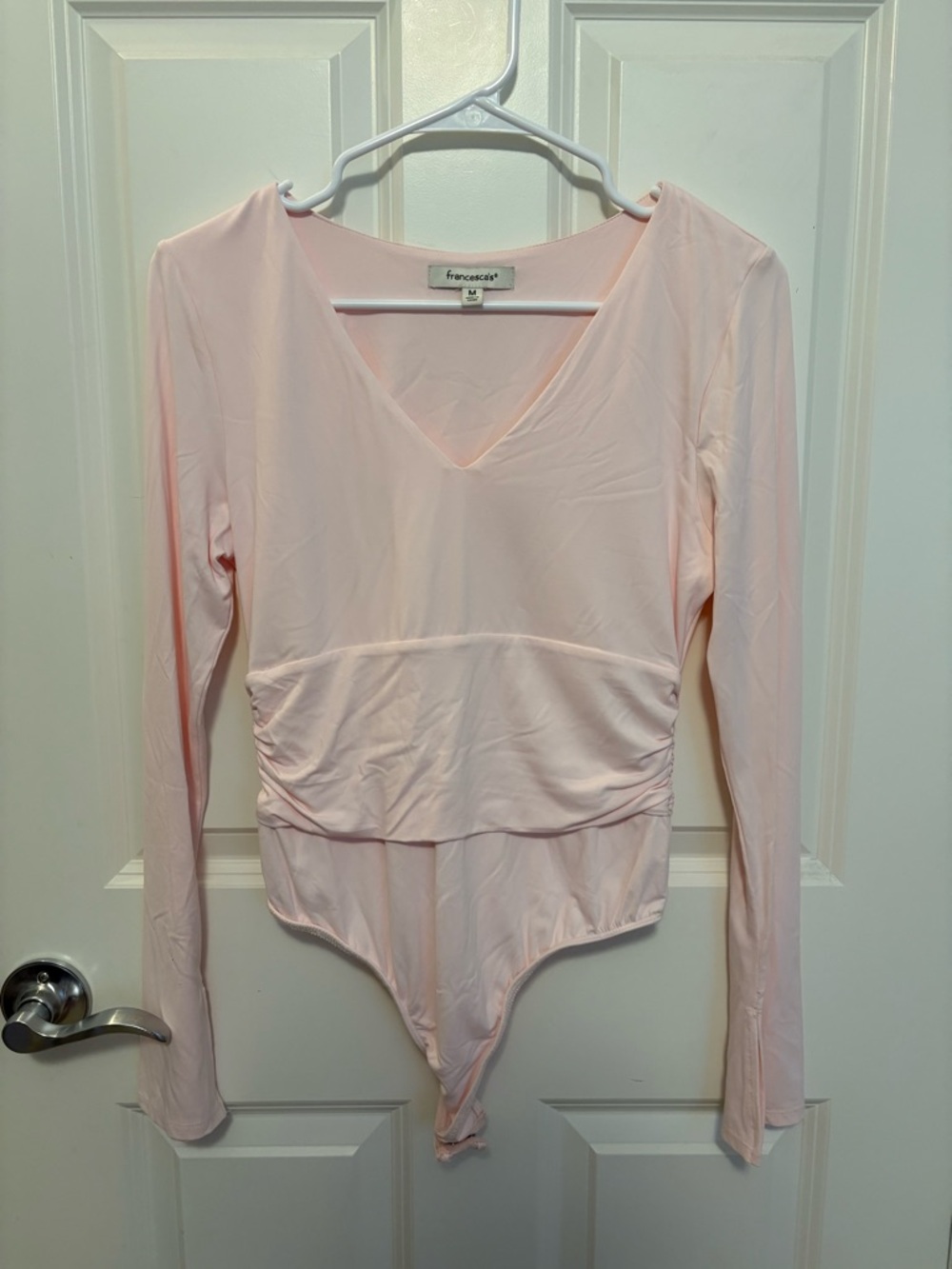 Francesca's Collections Light Pink V-Neck Long Sleeve Bodysuit